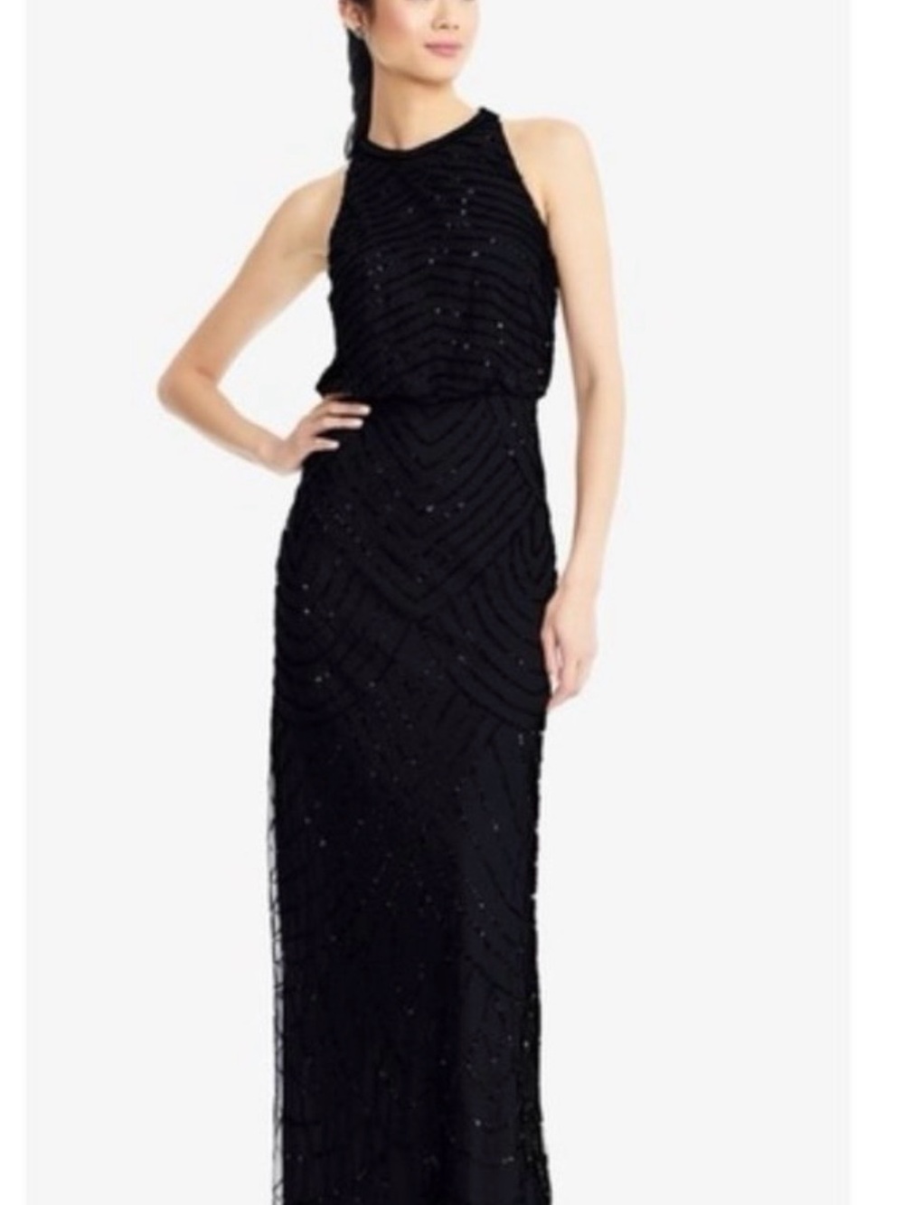 ART DECO BEADED BLOUSON DRESS WITH HALTER NECKLINE IN BLACK BLACK